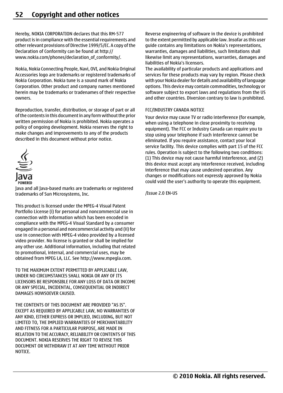 52 copyright and other notices, 2010 nokia. all rights reserved | Nokia 6700 Slide User Manual | Page 52 / 56