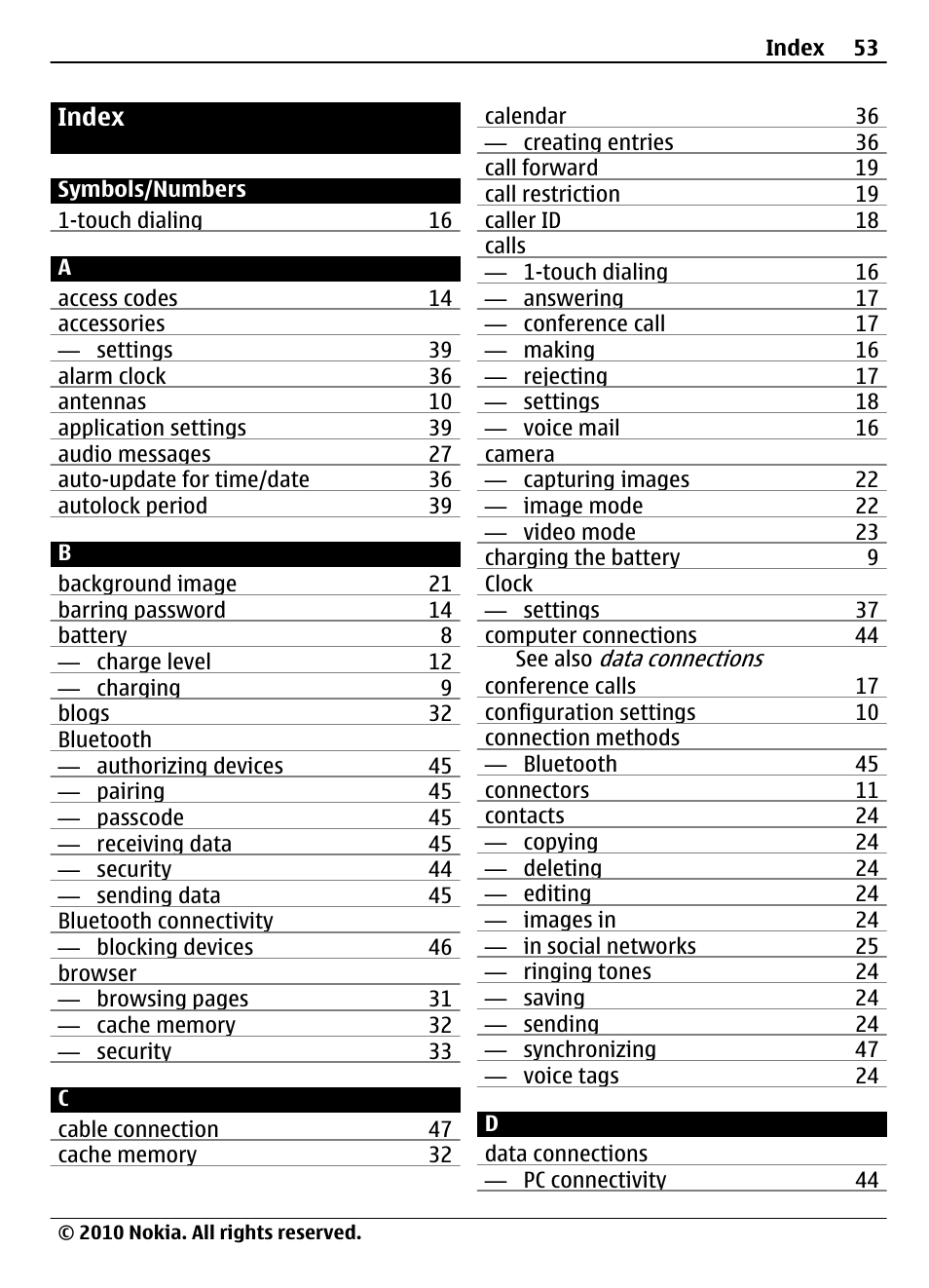 Index | Nokia 6700 Slide User Manual | Page 53 / 56