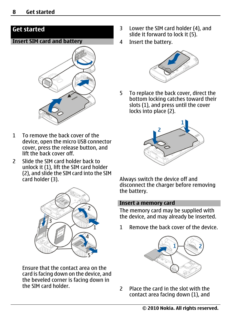 Get started, Insert sim card and battery, Insert a memory card | Nokia 6700 Slide User Manual | Page 8 / 56