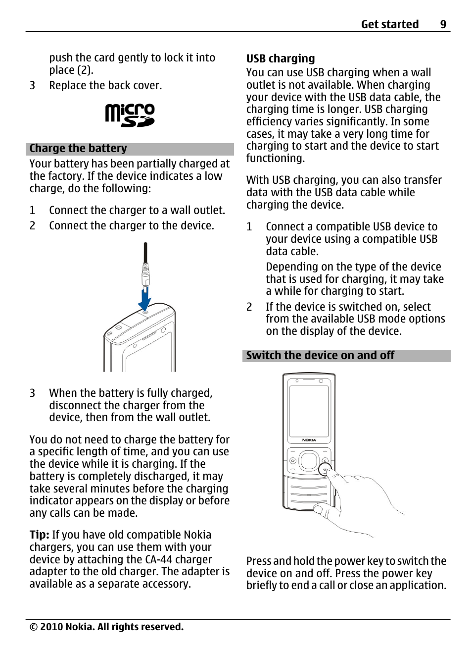 Charge the battery, Switch the device on and off | Nokia 6700 Slide User Manual | Page 9 / 56