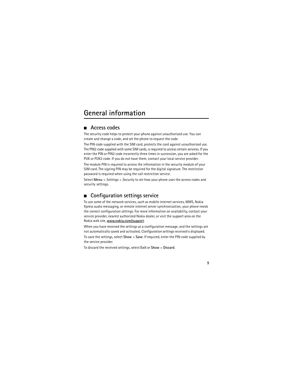 General information, Access codes, Configuration settings service | Access codes configuration settings service | Nokia 6301 User Manual | Page 10 / 201