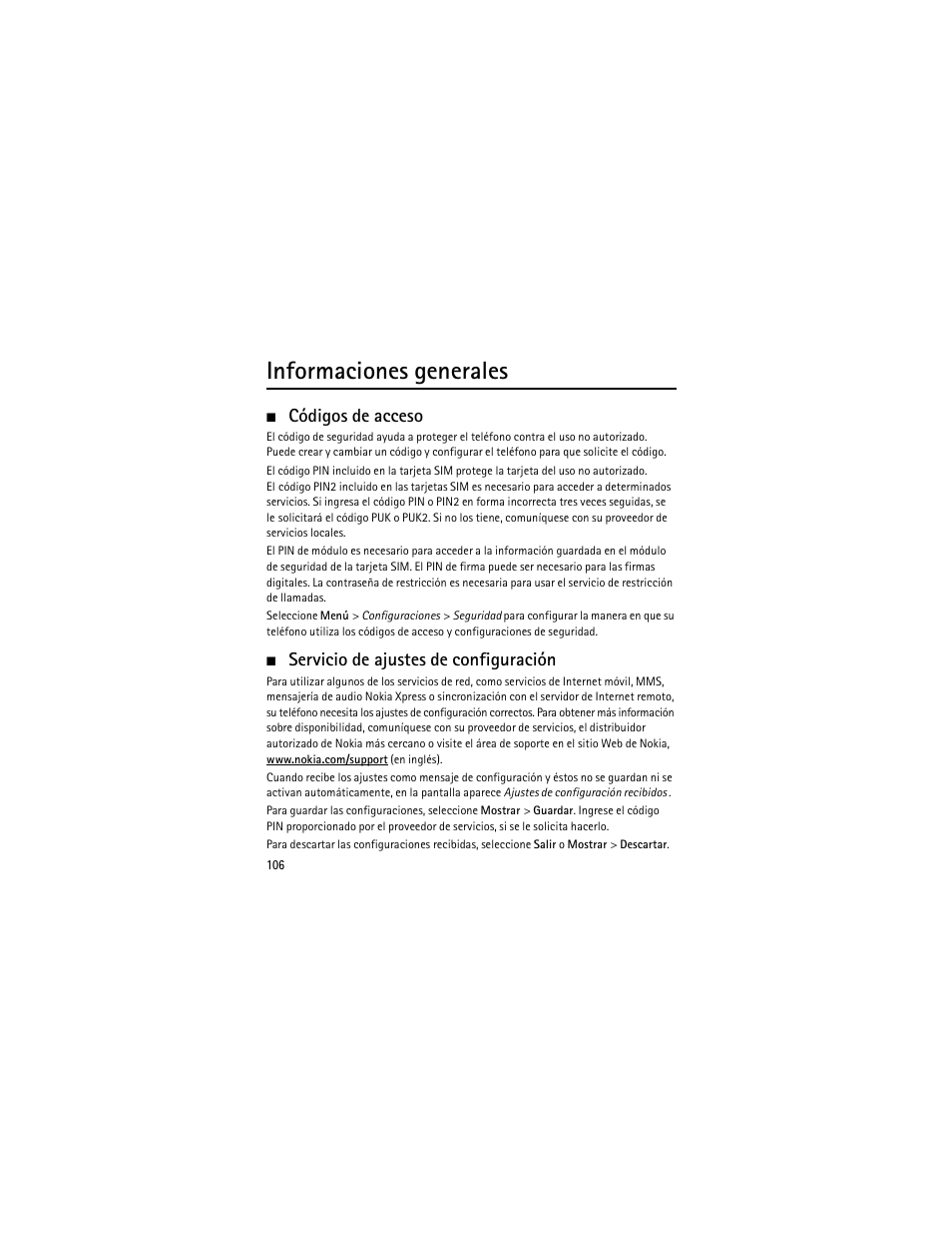 Informaciones generales, Códigos de acceso, Servicio de ajustes de configuración | Nokia 6301 User Manual | Page 107 / 201