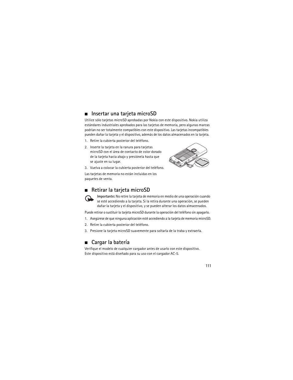 Insertar una tarjeta microsd, Retirar la tarjeta microsd, Cargar la batería | Nokia 6301 User Manual | Page 112 / 201