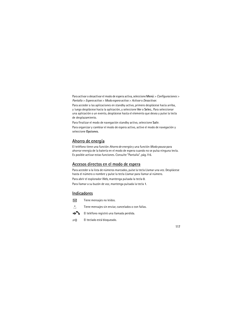 Ahorro de energía, Accesos directos en el modo de espera, Indicadores | Nokia 6301 User Manual | Page 118 / 201