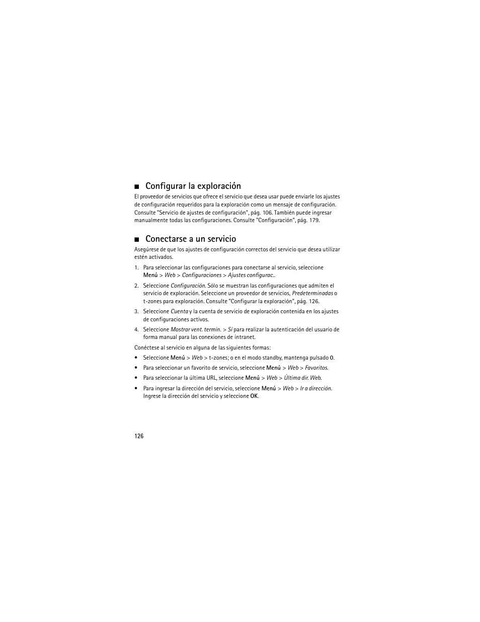 Configurar la exploración, Conectarse a un servicio, Configurar la exploración conectarse a un servicio | Nokia 6301 User Manual | Page 127 / 201