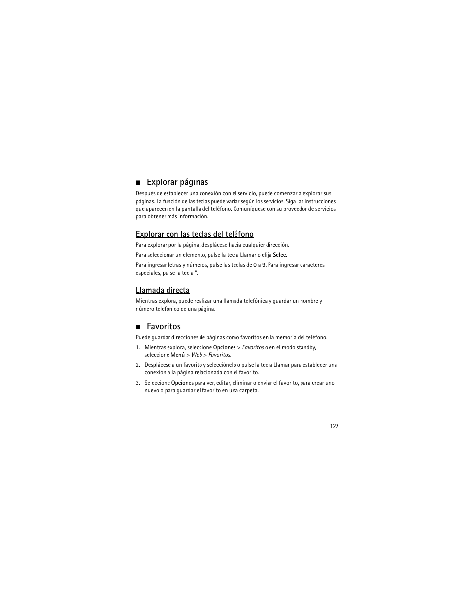 Favoritos, Explorar páginas, Explorar con las teclas del teléfono | Llamada directa | Nokia 6301 User Manual | Page 128 / 201