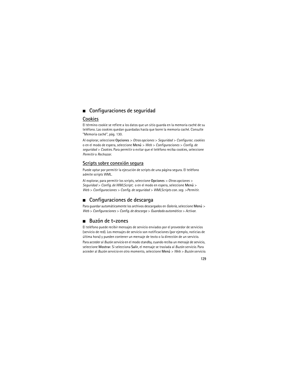 Configuraciones de seguridad, Configuraciones de descarga, Buzón de t-zones | Nokia 6301 User Manual | Page 130 / 201
