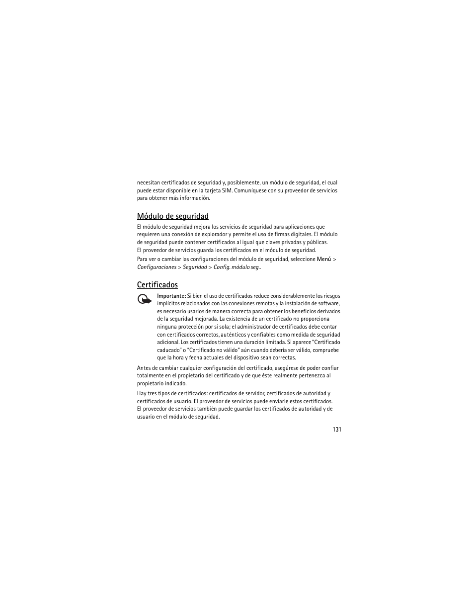 Módulo de seguridad, Certificados | Nokia 6301 User Manual | Page 132 / 201