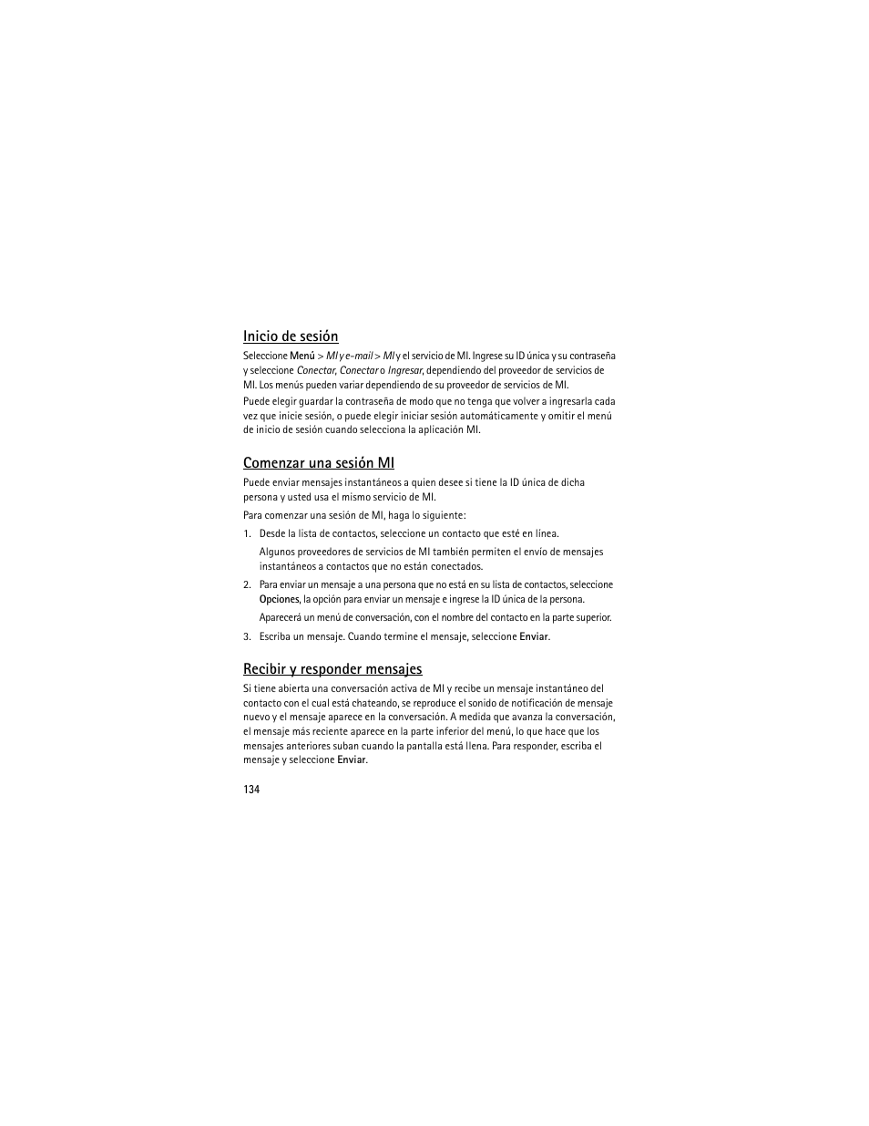 Inicio de sesión, Comenzar una sesión mi, Recibir y responder mensajes | Nokia 6301 User Manual | Page 135 / 201