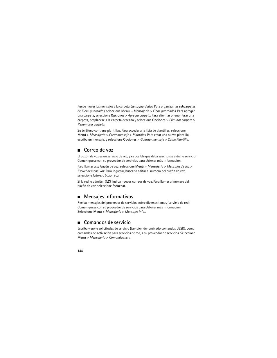 Correo de voz, Mensajes informativos, Comandos de servicio | Nokia 6301 User Manual | Page 145 / 201