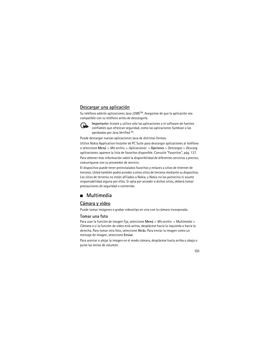 Multimedia, Descargar una aplicación, Cámara y video | Nokia 6301 User Manual | Page 152 / 201