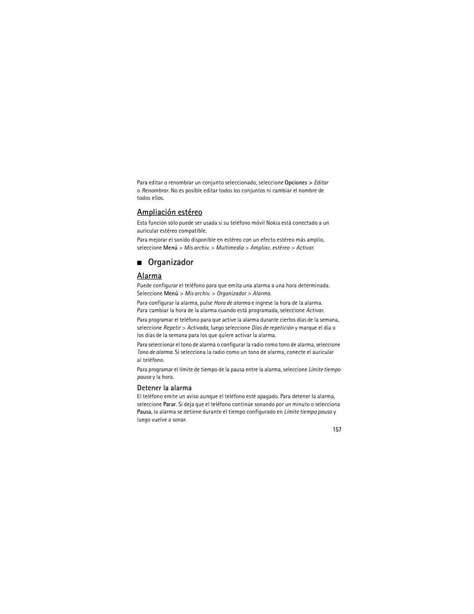 Organizador, Ampliación estéreo, Alarma | Nokia 6301 User Manual | Page 158 / 201