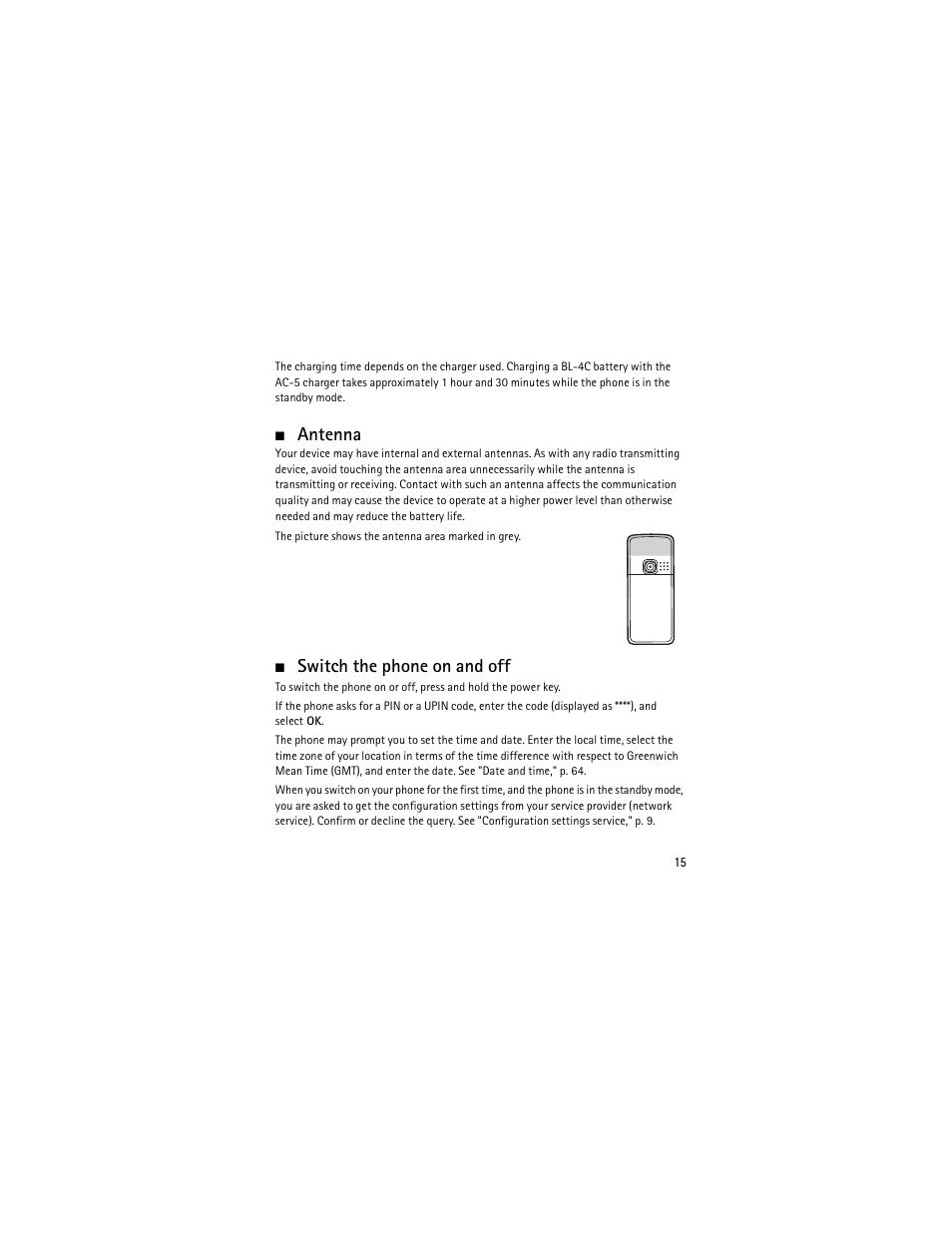 Antenna, Switch the phone on and off, Antenna switch the phone on and off | Nokia 6301 User Manual | Page 16 / 201