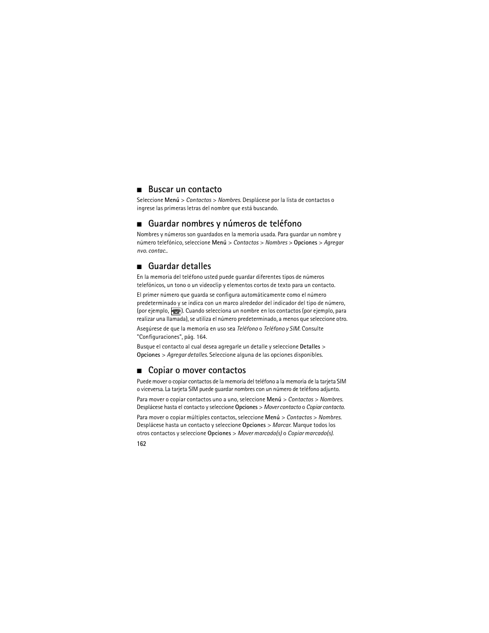 Buscar un contacto, Guardar nombres y números de teléfono, Guardar detalles | Copiar o mover contactos, Guardar detalles", p | Nokia 6301 User Manual | Page 163 / 201