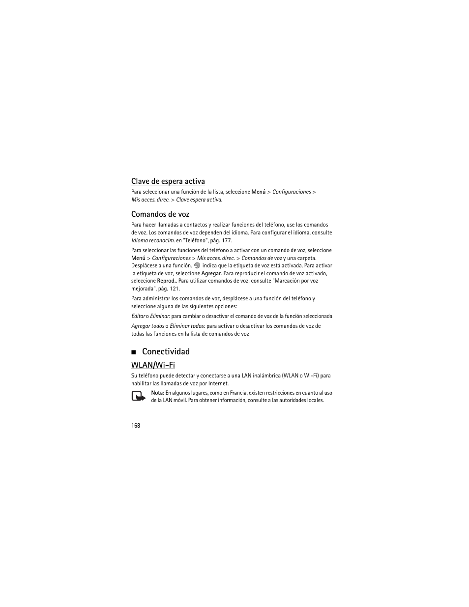 Conectividad, Clave de espera activa, Comandos de voz | Wlan/wi-fi | Nokia 6301 User Manual | Page 169 / 201