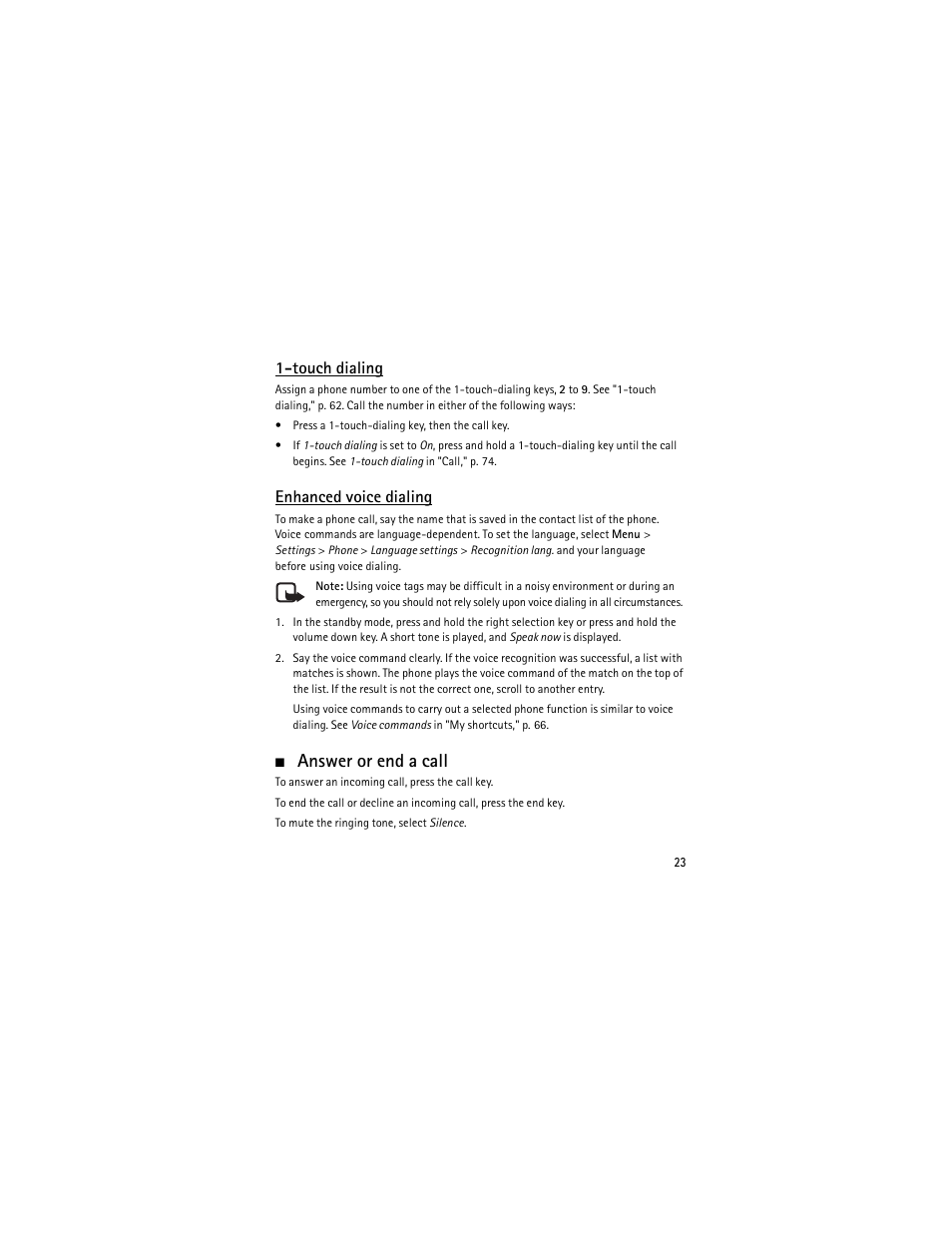 Answer or end a call, Touch dialing, Enhanced voice dialing | Nokia 6301 User Manual | Page 24 / 201