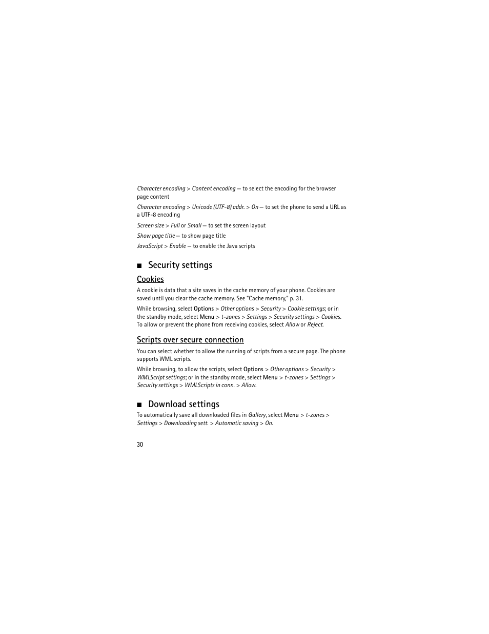 Security settings, Download settings, Security settings download settings | Cookies, Scripts over secure connection | Nokia 6301 User Manual | Page 31 / 201