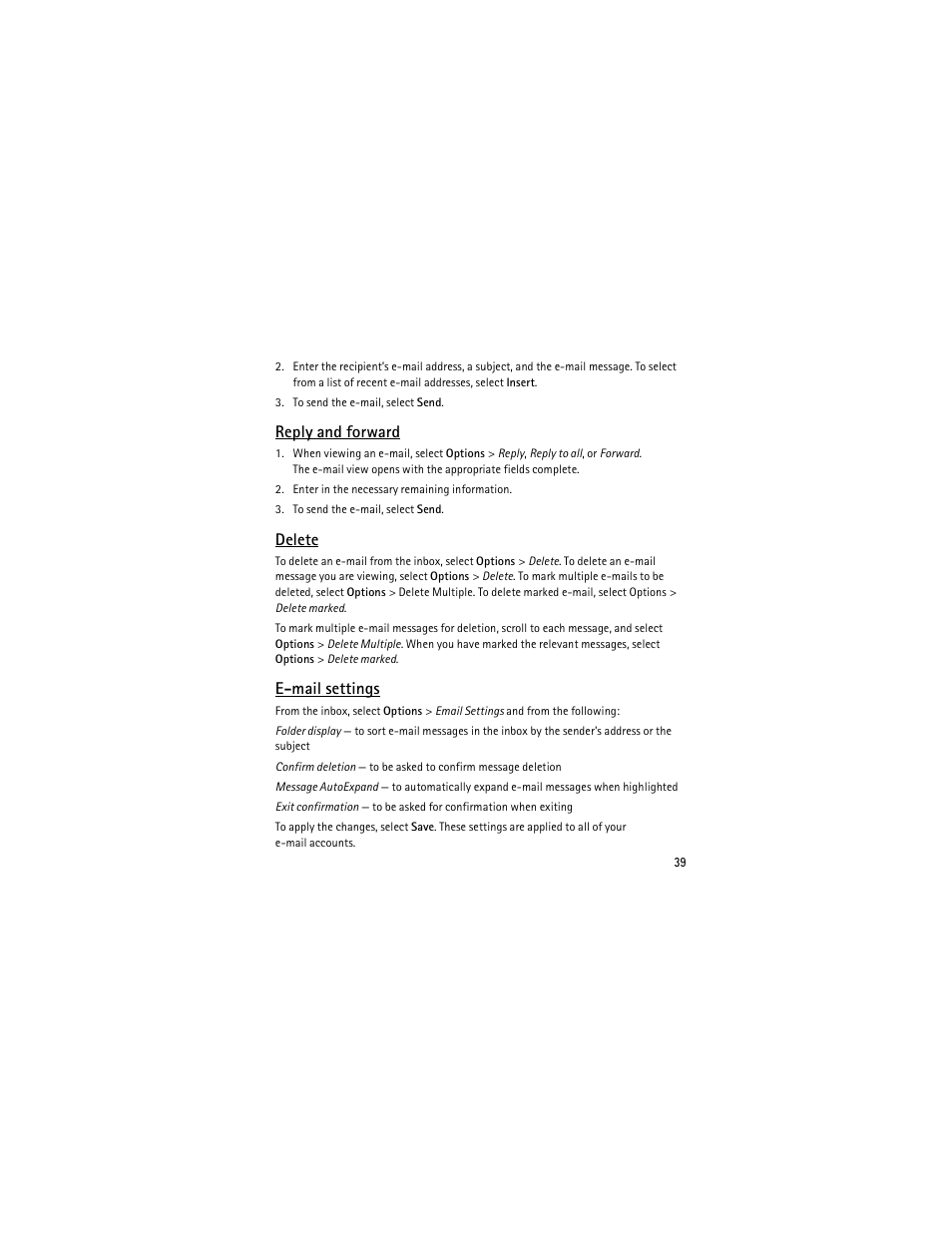 Reply and forward, Delete, E-mail settings | Nokia 6301 User Manual | Page 40 / 201