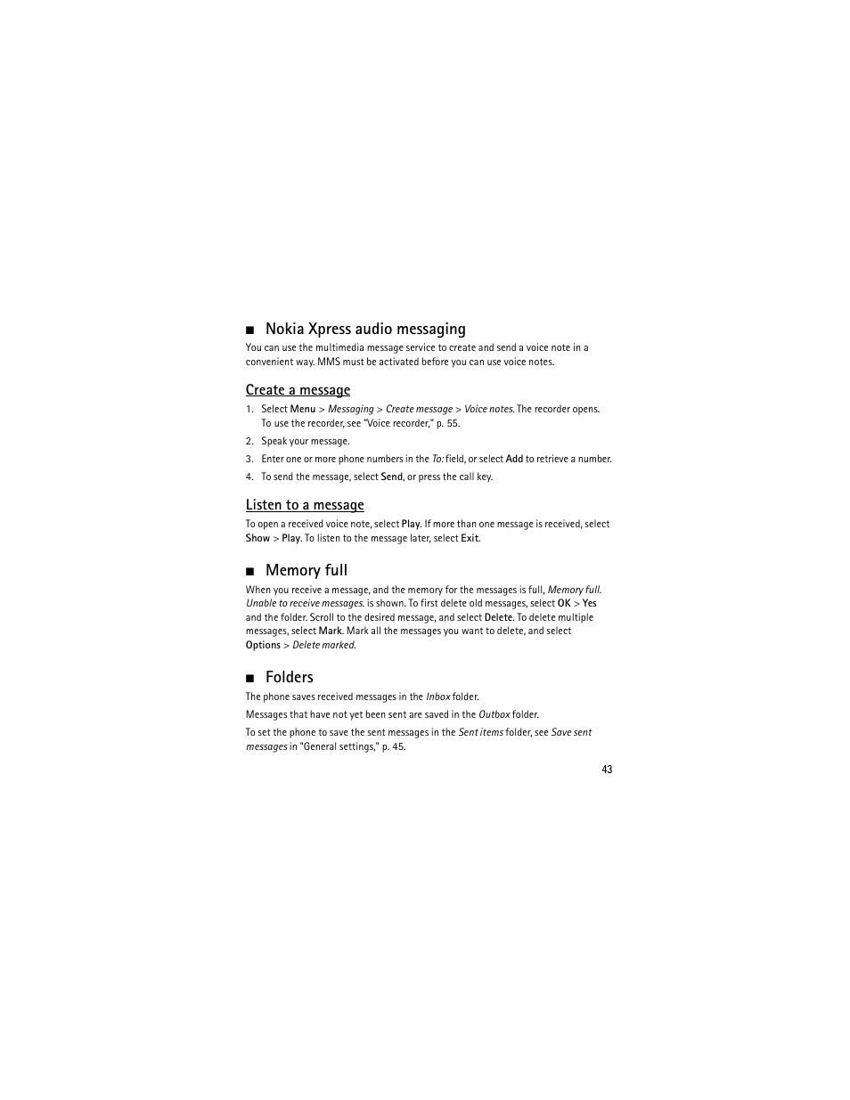 Nokia xpress audio messaging, Memory full, Folders | Nokia xpress audio messaging memory full, Create a message, Listen to a message | Nokia 6301 User Manual | Page 44 / 201
