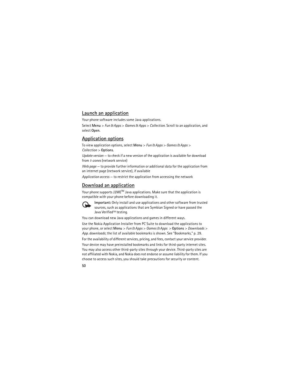 Application options, Launch an application, Download an application | Nokia 6301 User Manual | Page 51 / 201