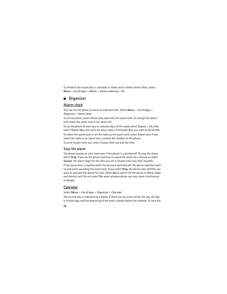 Organizer, Alarm clock, Calendar | Nokia 6301 User Manual | Page 57 / 201
