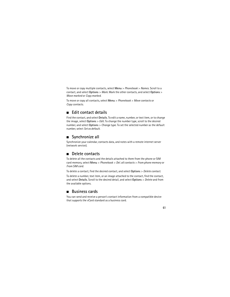 Edit contact details, Synchronize all, Delete contacts | Business cards | Nokia 6301 User Manual | Page 62 / 201