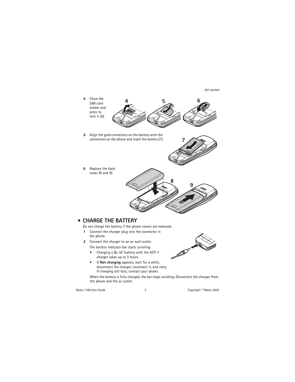 Charge the battery | Nokia 1100 User Manual | Page 10 / 137