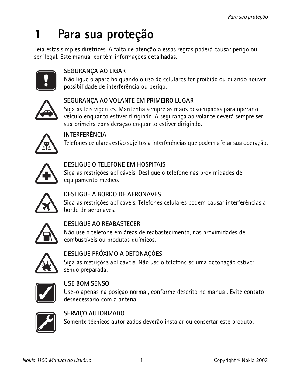 1 para sua proteção, 1para sua proteção | Nokia 1100 User Manual | Page 100 / 137