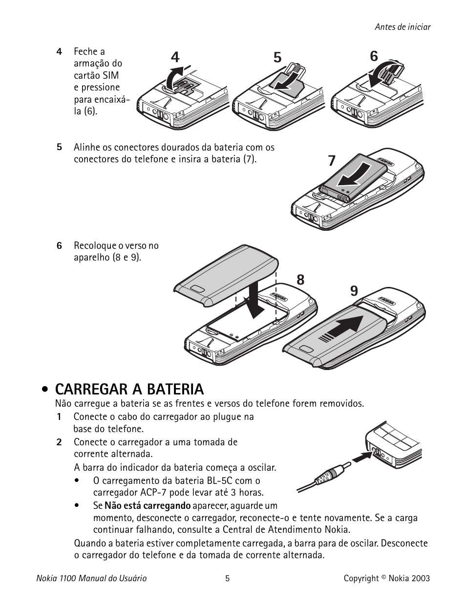 Carregar a bateria, Charge the battery, Cargar la batería | Nokia 1100 User Manual | Page 104 / 137