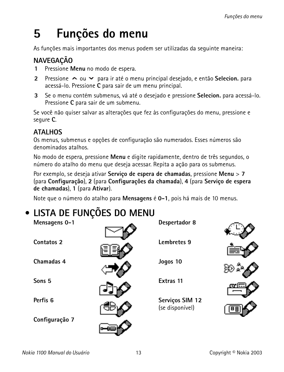 5 funções do menu, Lista de funções do menu, Menu functions list of menu functions | Funciones del menú lista de las funciones del menú, 5funções do menu | Nokia 1100 User Manual | Page 112 / 137
