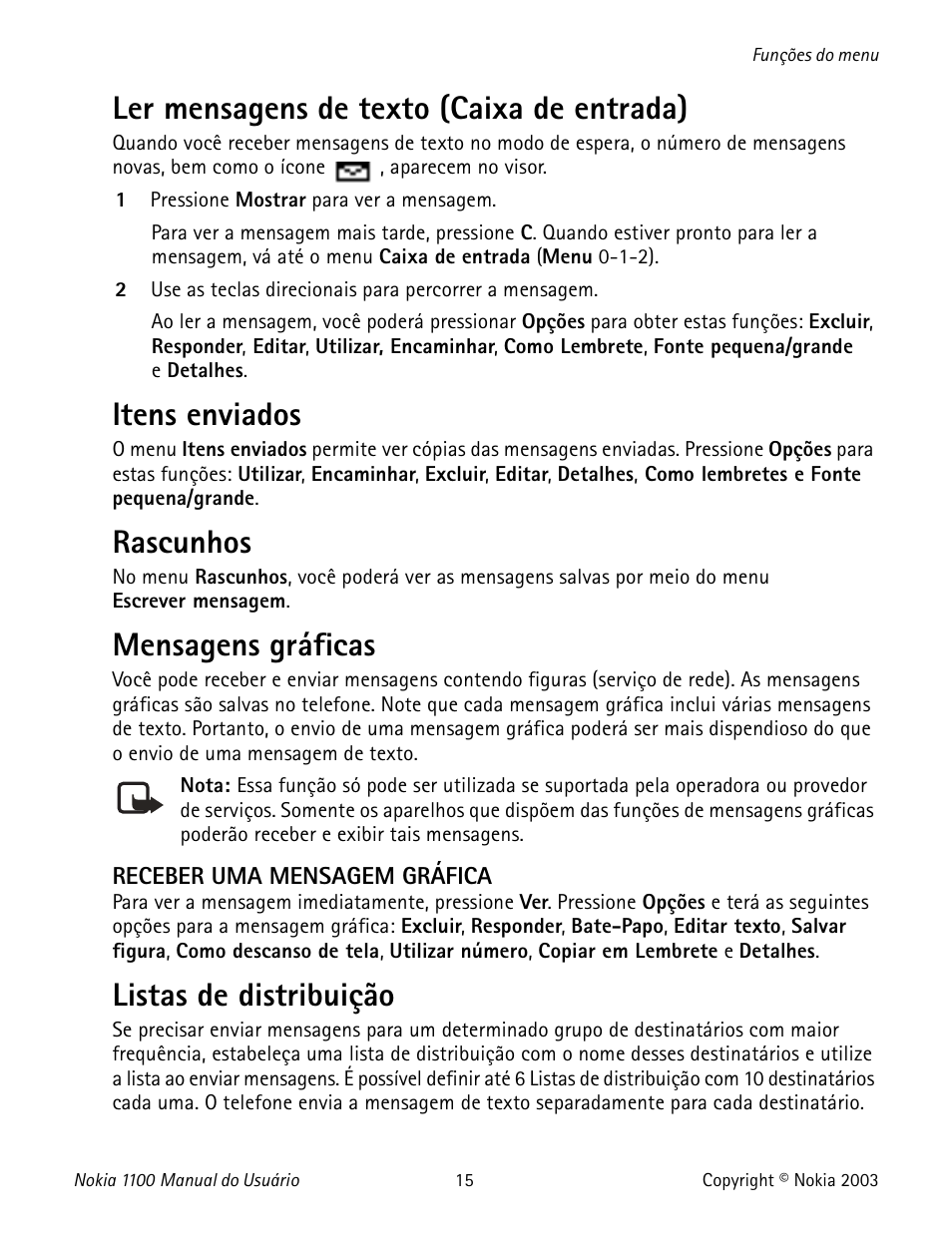 Ler mensagens de texto (caixa de entrada), Itens enviados, Rascunhos | Mensagens gráficas, Listas de distribuição | Nokia 1100 User Manual | Page 114 / 137