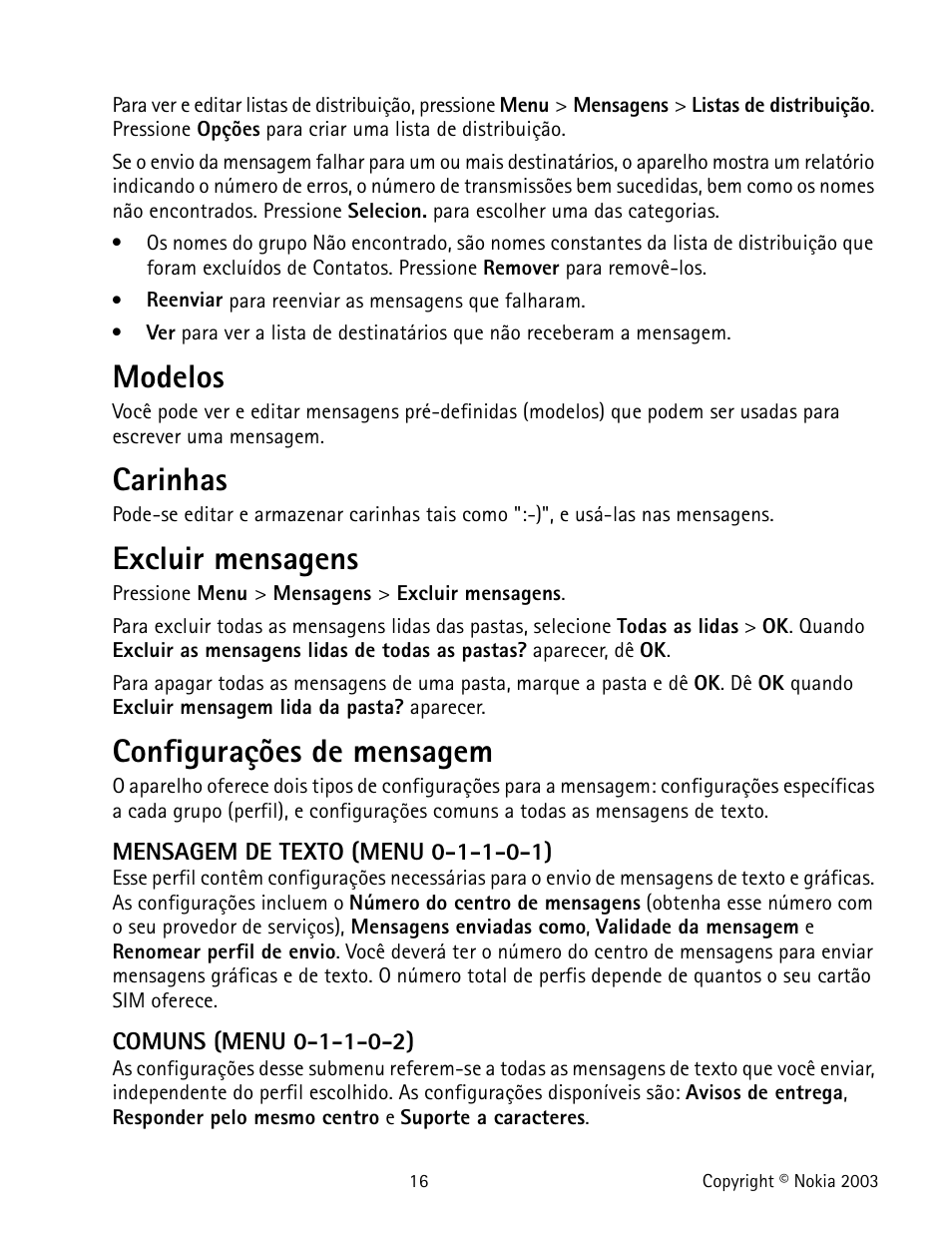 Modelos, Carinhas, Excluir mensagens | Configurações de mensagem | Nokia 1100 User Manual | Page 115 / 137