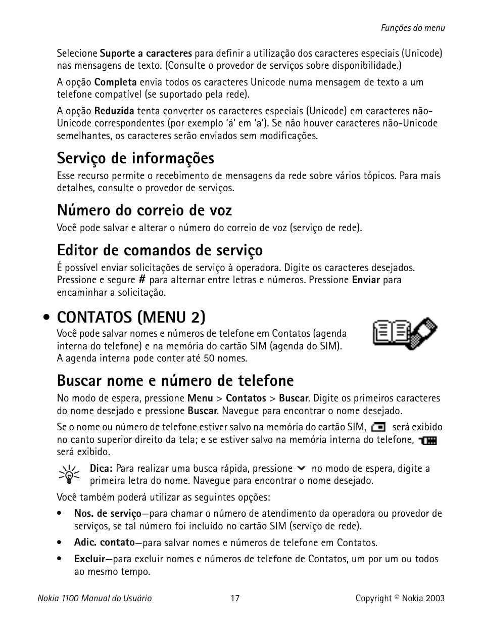 Contatos (menu 2), Contacts (menu 2), Contactos (menú 2) | Serviço de informações, Número do correio de voz, Editor de comandos de serviço, Buscar nome e número de telefone | Nokia 1100 User Manual | Page 116 / 137