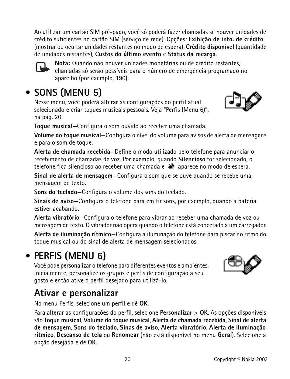 Sons (menu 5), Perfis (menu 6), Tones (menu 5) profiles (menu 6) | Tonos (menú 5) perfiles (menú 6), Ativar e personalizar | Nokia 1100 User Manual | Page 119 / 137