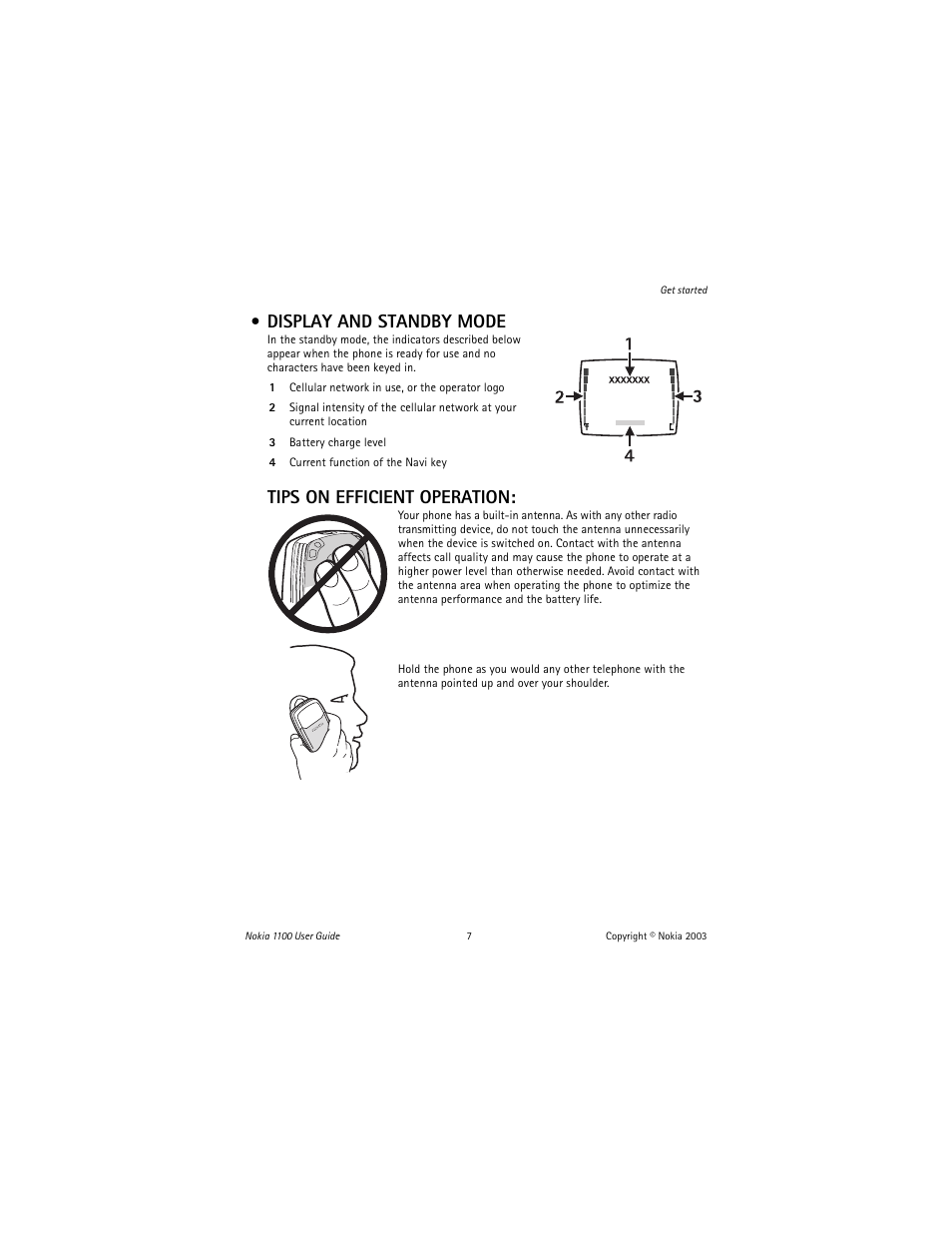 Display and standby mode, Tips on efficient operation | Nokia 1100 User Manual | Page 12 / 137