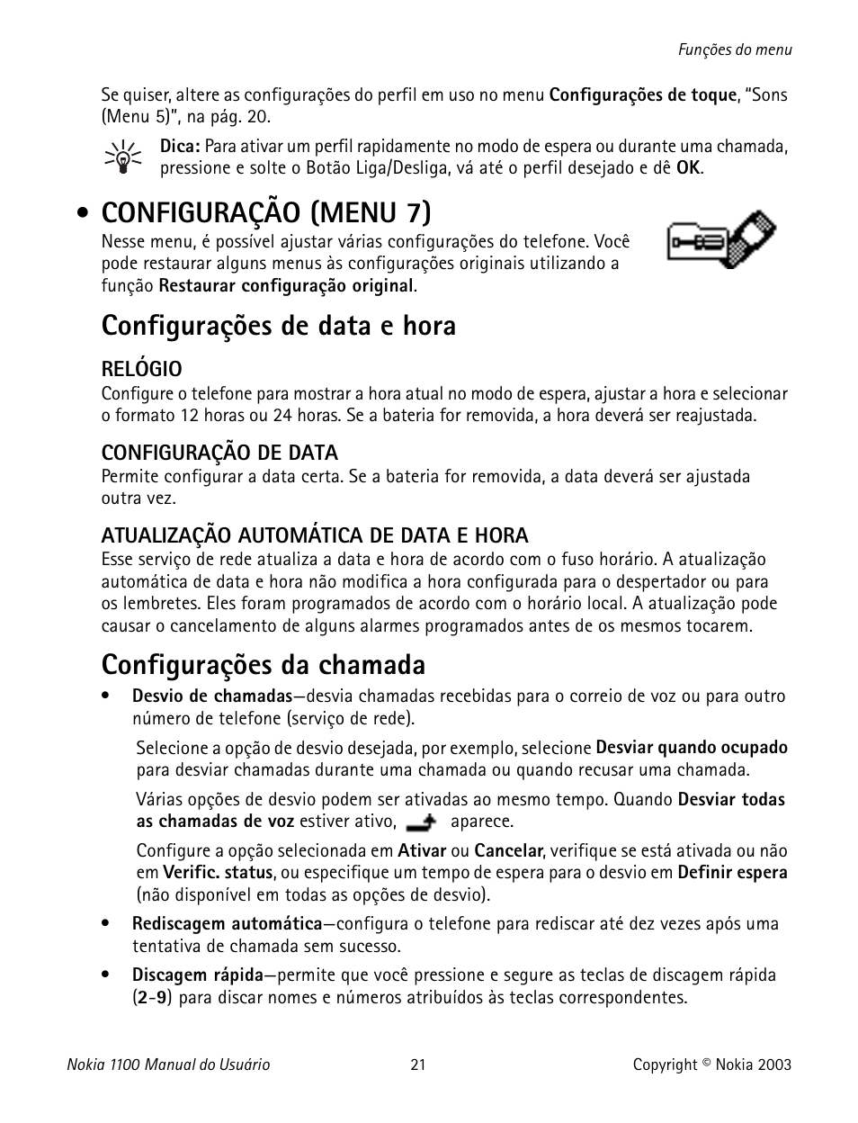 Configuração (menu 7), Settings (menu 7), Configurações de data e hora | Configurações da chamada | Nokia 1100 User Manual | Page 120 / 137