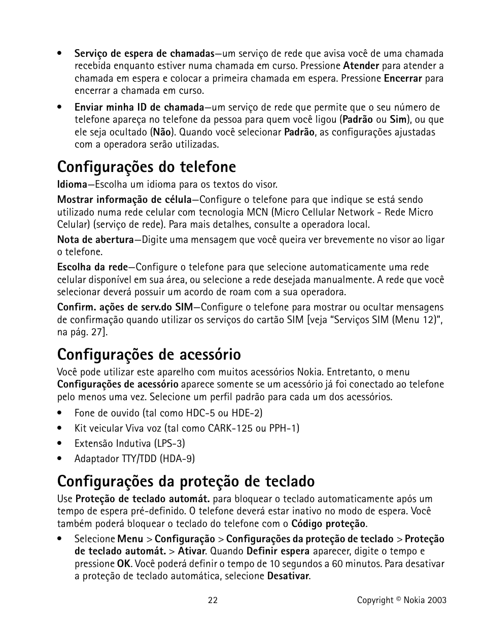 Configurações do telefone, Configurações de acessório, Configurações da proteção de teclado | Nokia 1100 User Manual | Page 121 / 137