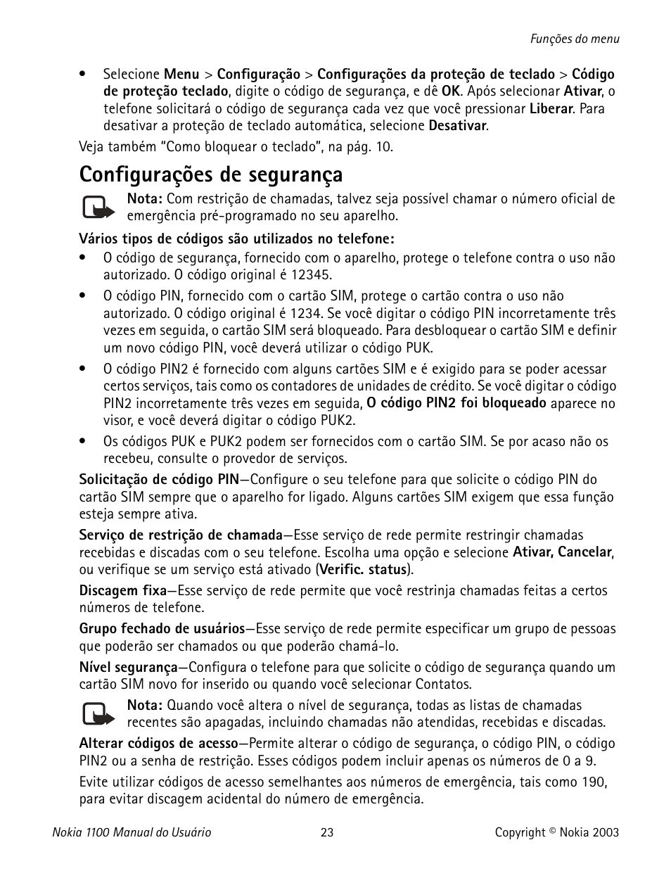 Configurações de segurança | Nokia 1100 User Manual | Page 122 / 137
