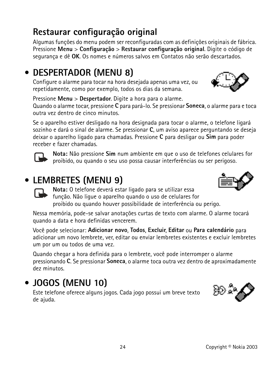 Despertador (menu 8), Lembretes (menu 9), Jogos (menu 10) | Alarm clock (menu 8), Games (menu 10), Restaurar configuração original | Nokia 1100 User Manual | Page 123 / 137