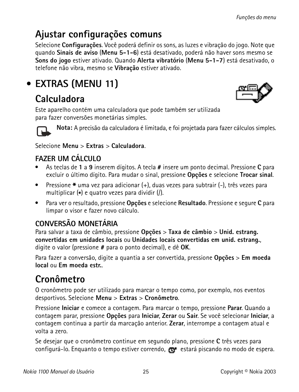 Extras (menu 11), Extras (menú 11), Ajustar configurações comuns | Extras (menu 11) calculadora, Cronômetro | Nokia 1100 User Manual | Page 124 / 137
