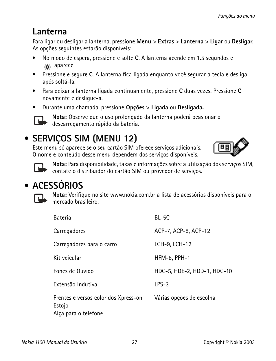 Serviços sim (menu 12), Acessórios, Sim services (menu 12) | Servicios sim (menú 12), Lanterna | Nokia 1100 User Manual | Page 126 / 137