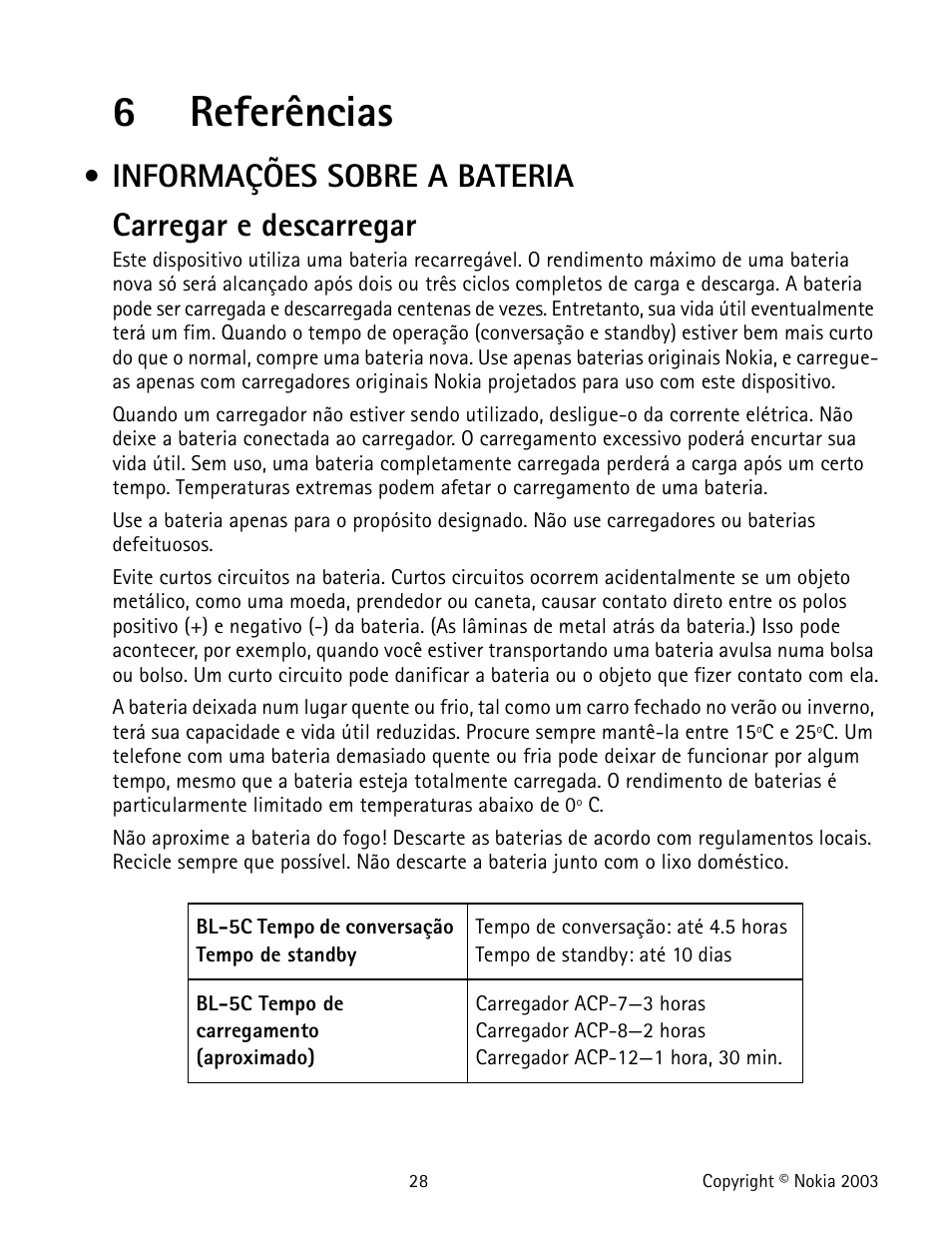 Información sobre las baterías, 6 referências, Informações sobre a bateria | Battery information, 6referências, Informações sobre a bateria carregar e descarregar | Nokia 1100 User Manual | Page 127 / 137