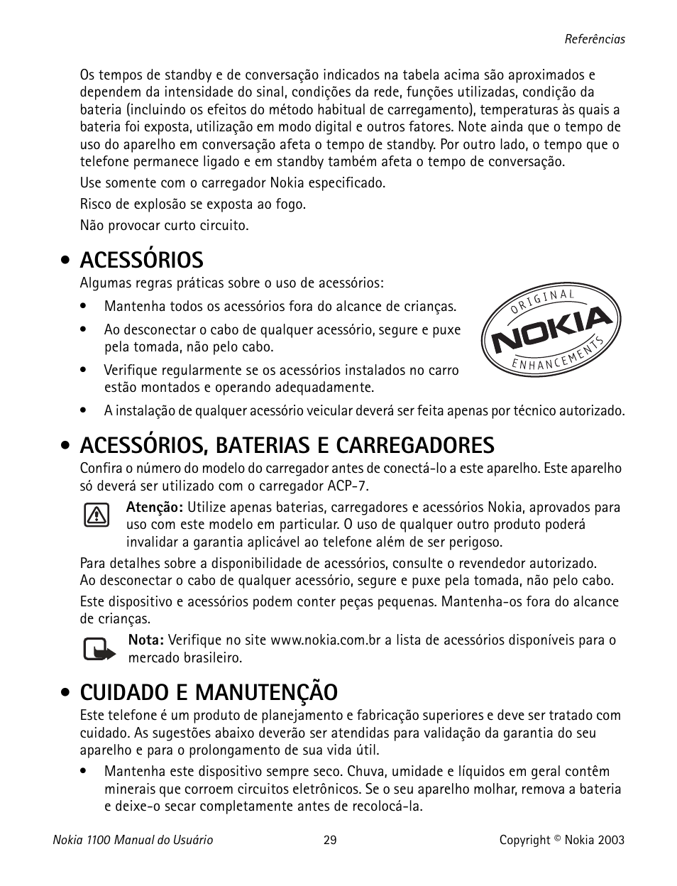 Accesorios, Accesorios, baterías y cargadores, Cuidado y mantenimiento | Acessórios, Acessórios, baterias e carregadores, Cuidado e manutenção | Nokia 1100 User Manual | Page 128 / 137