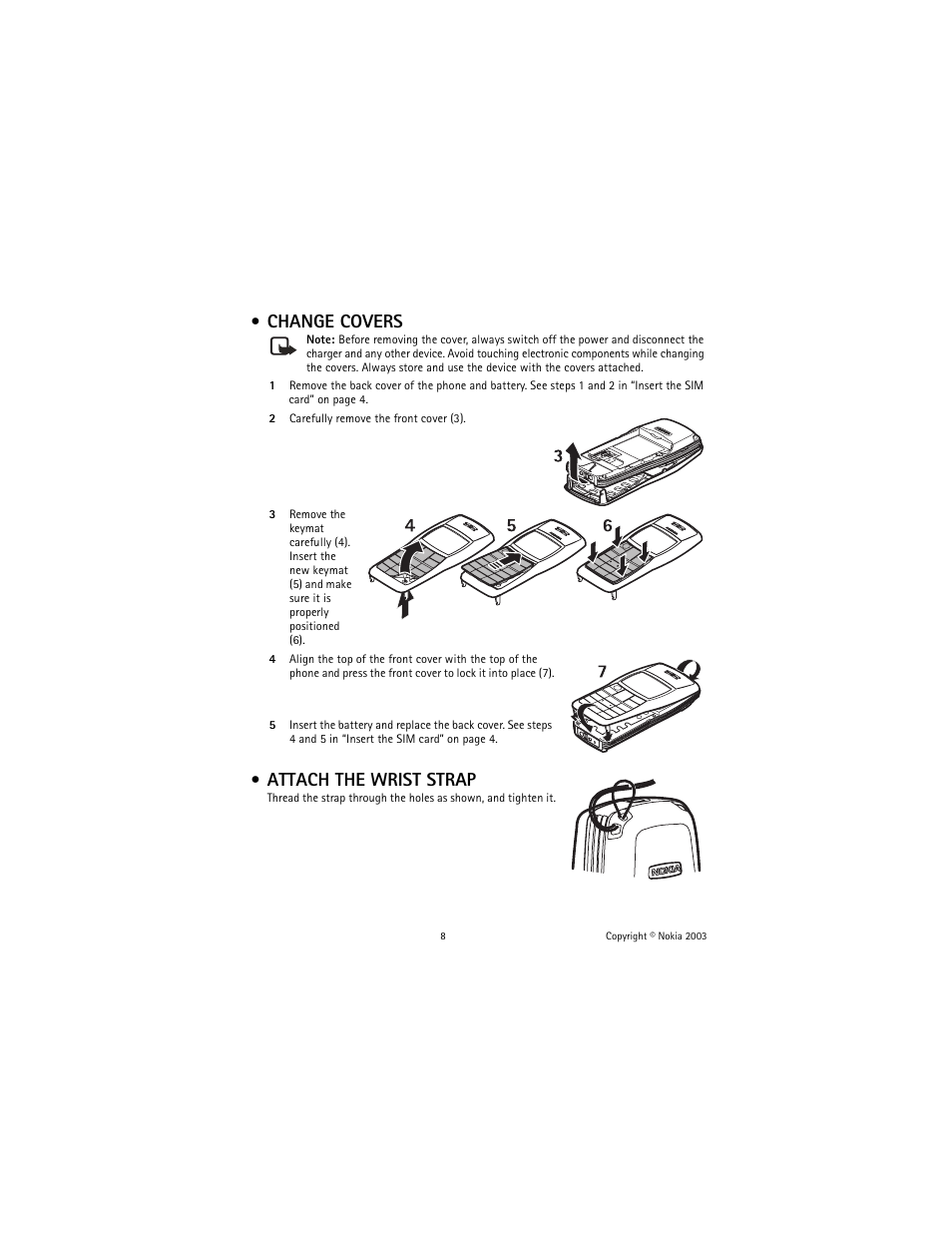 Change covers, Attach the wrist strap | Nokia 1100 User Manual | Page 13 / 137