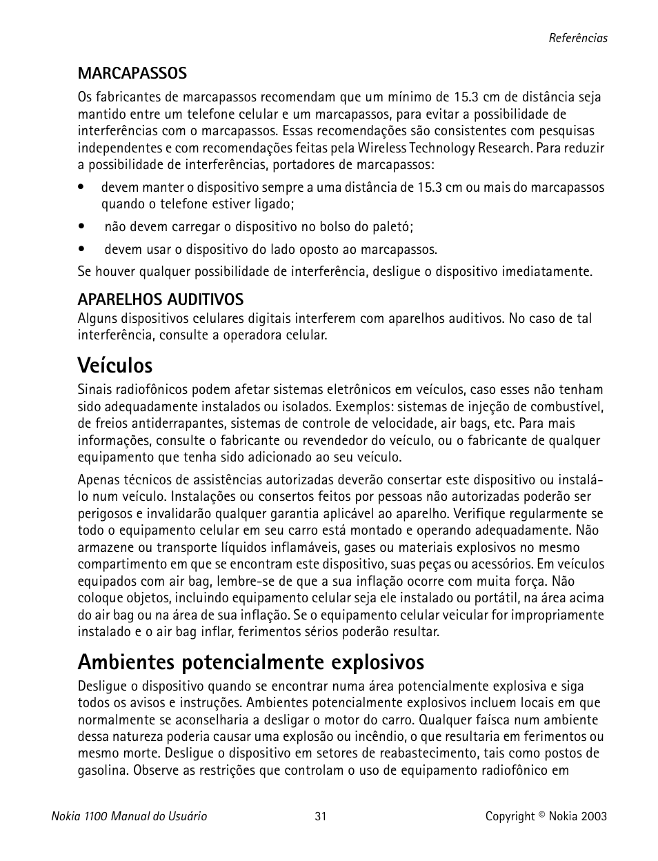 Veículos, Ambientes potencialmente explosivos | Nokia 1100 User Manual | Page 130 / 137