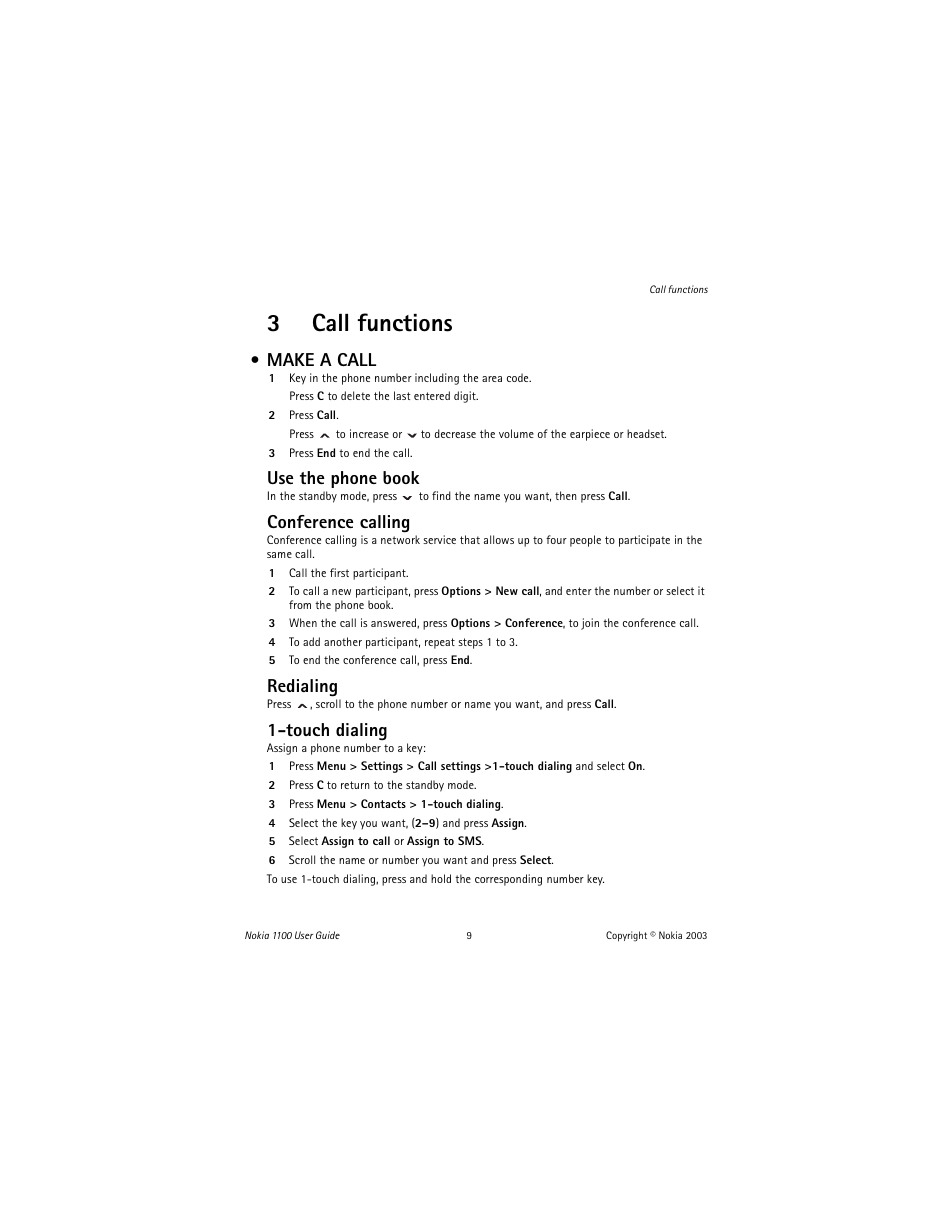 3 call functions, Make a call, 3call functions | Use the phone book, Conference calling, Redialing, Touch dialing | Nokia 1100 User Manual | Page 14 / 137