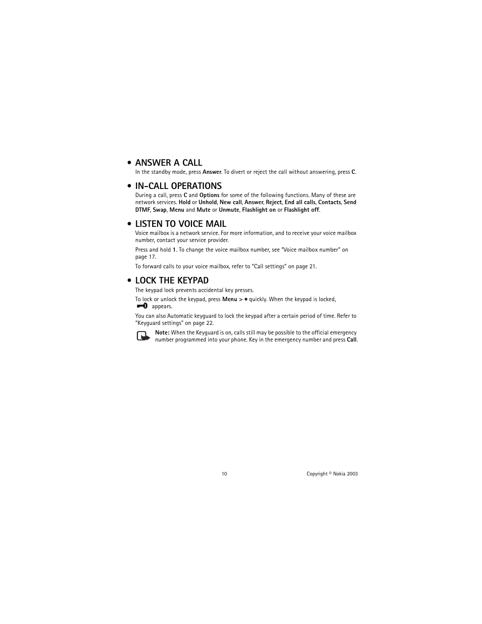 Answer a call, In-call operations, Listen to voice mail | Lock the keypad | Nokia 1100 User Manual | Page 15 / 137