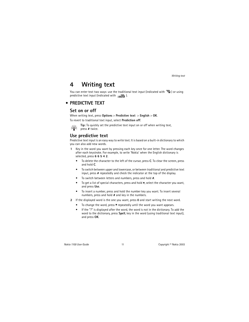 4 writing text, Predictive text, 4writing text | Predictive text set on or off, Use predictive text | Nokia 1100 User Manual | Page 16 / 137