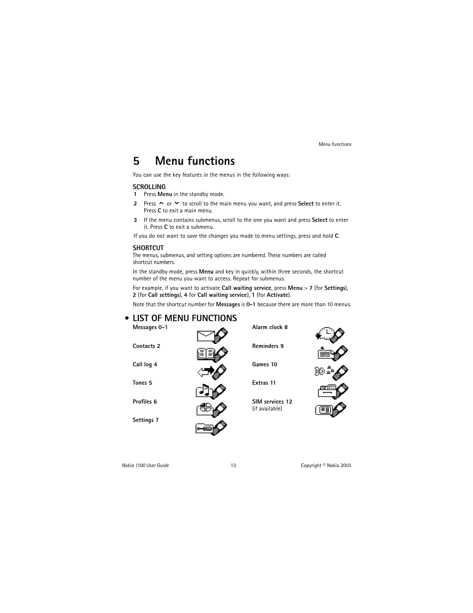 5 menu functions, List of menu functions, 5menu functions | Nokia 1100 User Manual | Page 18 / 137