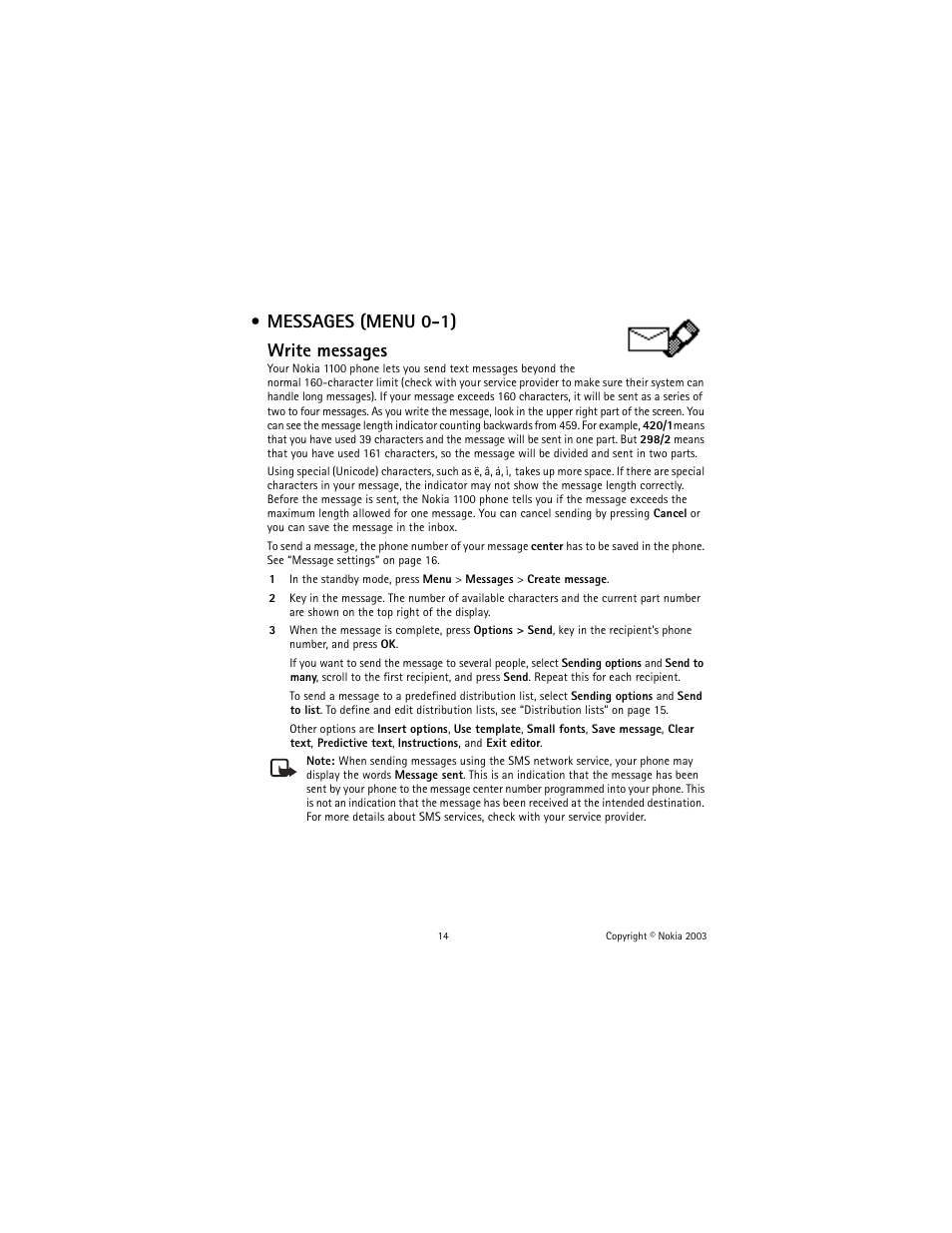 Messages (menu 0-1), Messages (menu 0-1) write messages | Nokia 1100 User Manual | Page 19 / 137